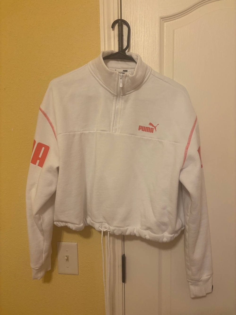 Puma White Cropped Half-Zip Sweatshirt with Coral Accents
